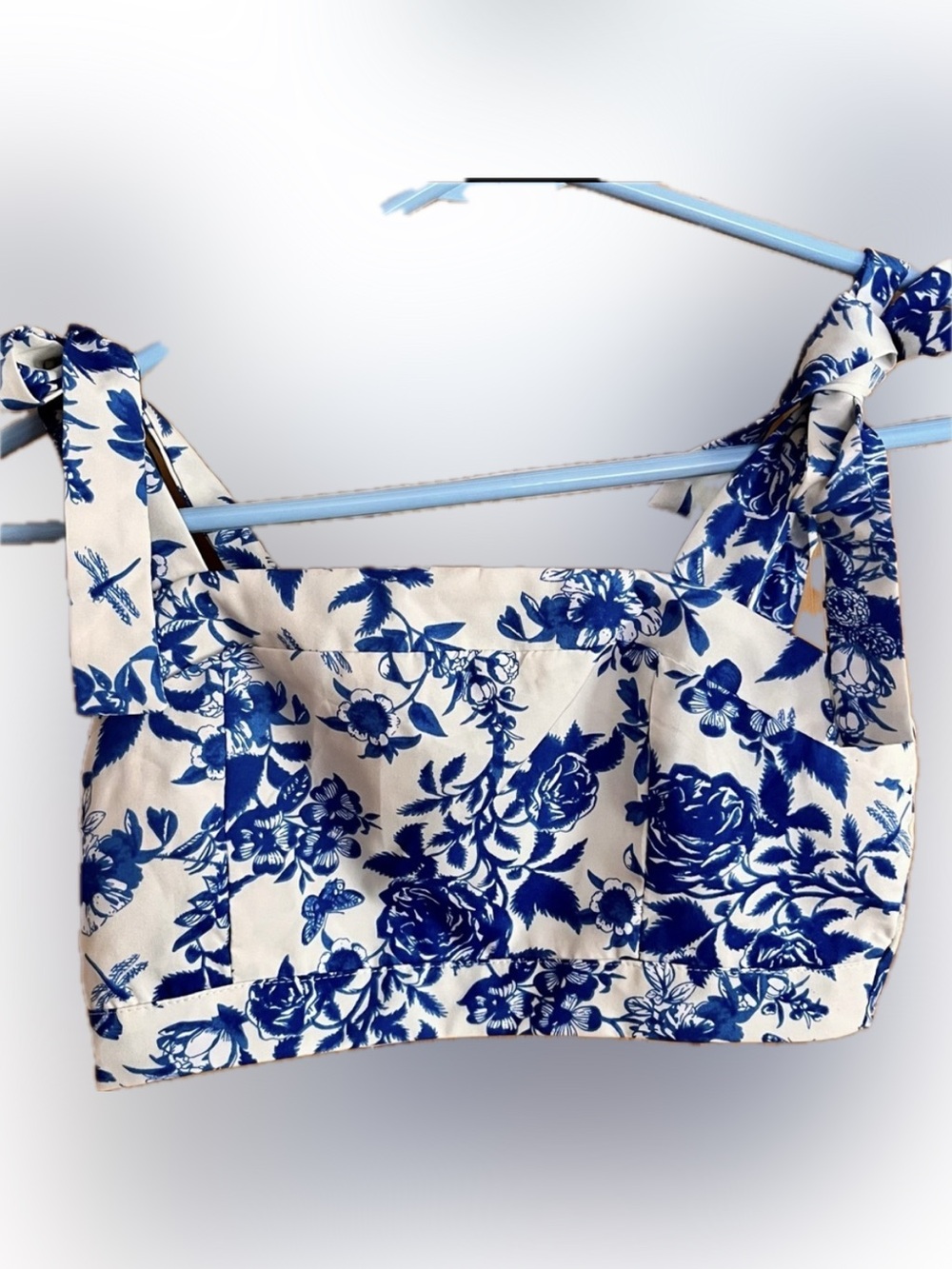 Indigo Blue White Floral Bow Strap Crop Top Square Neck Side Zip Adjustable XS